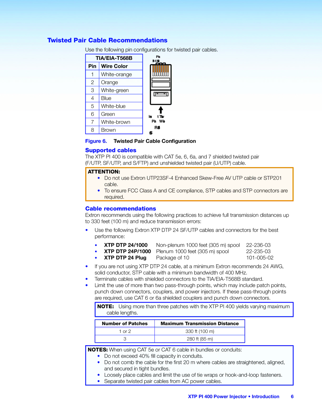 Extron electronic XTP PI 400 manual Twisted Pair Cable Recommendations, Wire Color 