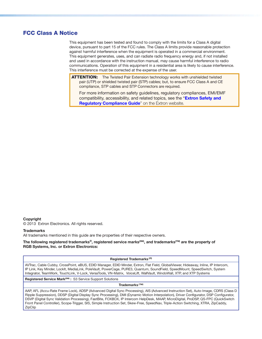 Extron electronic XTP PI 400 manual FCC Class a Notice 