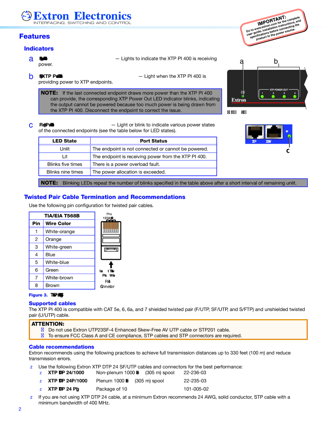 Extron electronic XTP PI 400 Features, Indicators, Twisted Pair Cable Termination and Recommendations 