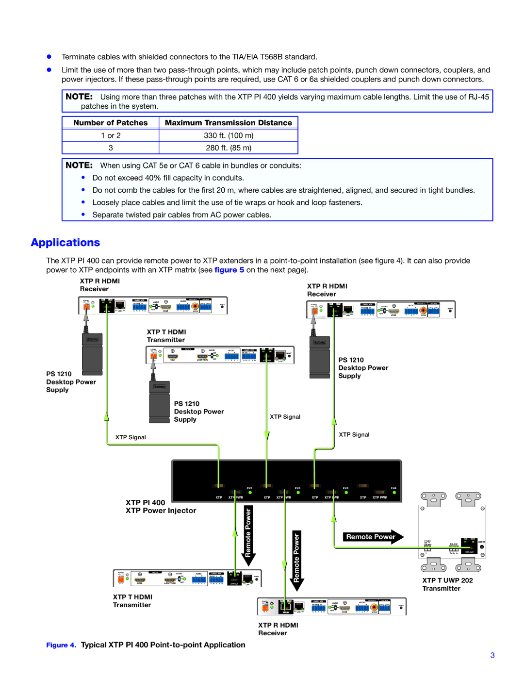 Extron electronic XTP PI 400 Applications, Number of Patches Maximum Transmission Distance, Xtp Pi, XTP Power Injector 