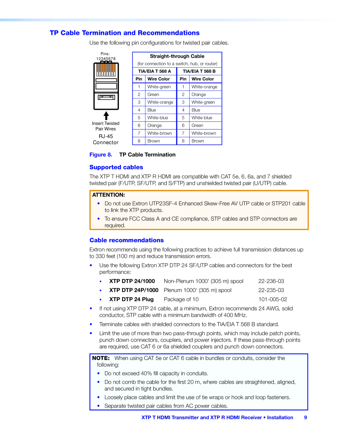 Extron electronic XTP T HDMI, XTP R HDMI TP Cable Termination and Recommendations, Supported cables, Cable recommendations 