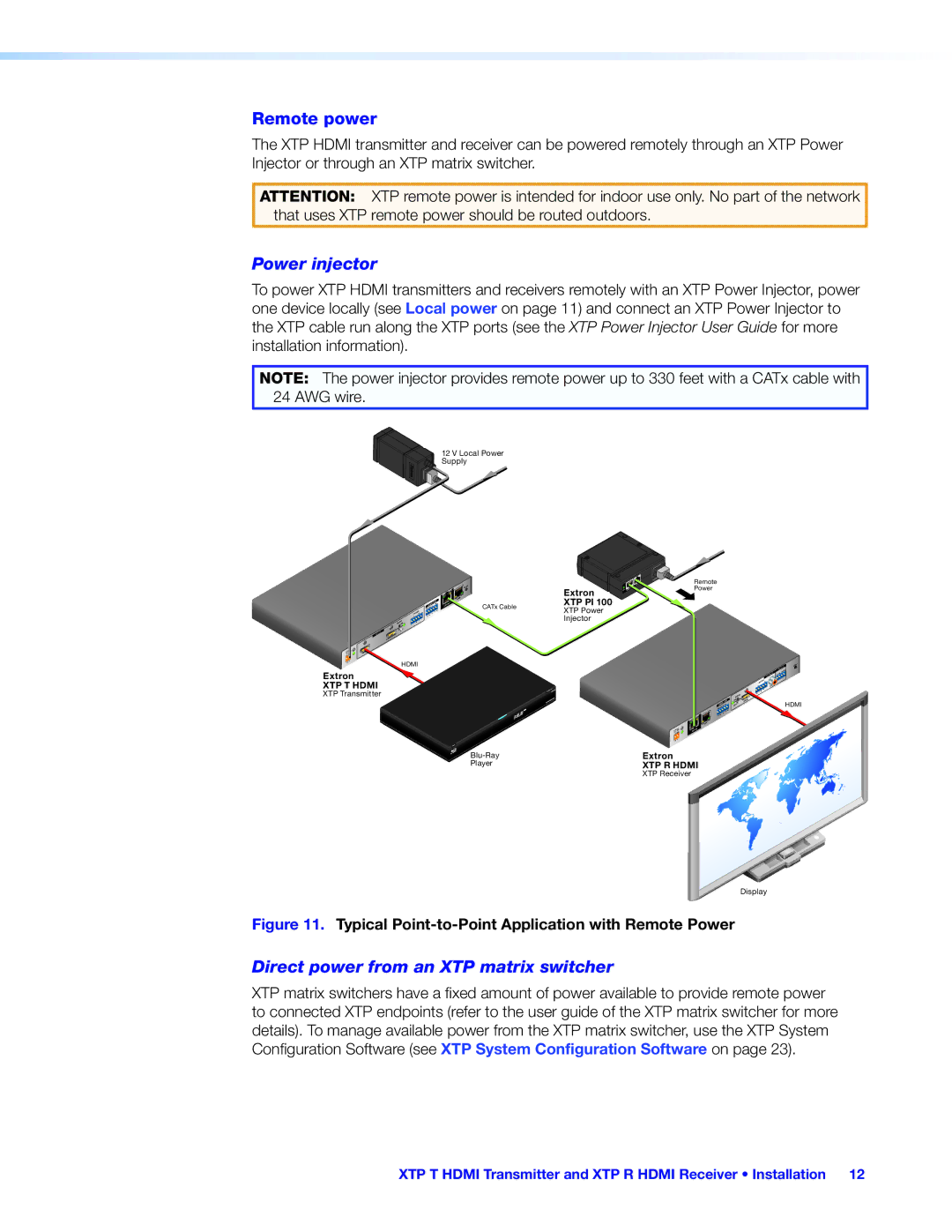 Extron electronic XTP R HDMI, XTP T HDMI manual Remote power, Typical Point-to-Point Application with Remote Power 