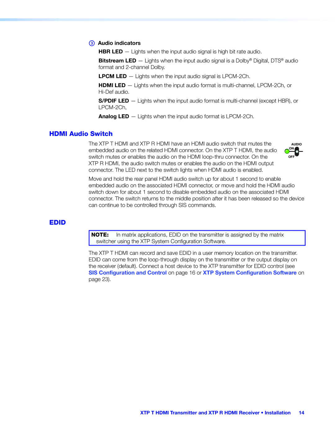 Extron electronic XTP R HDMI, XTP T HDMI manual Hdmi Audio Switch, Audio indicators 
