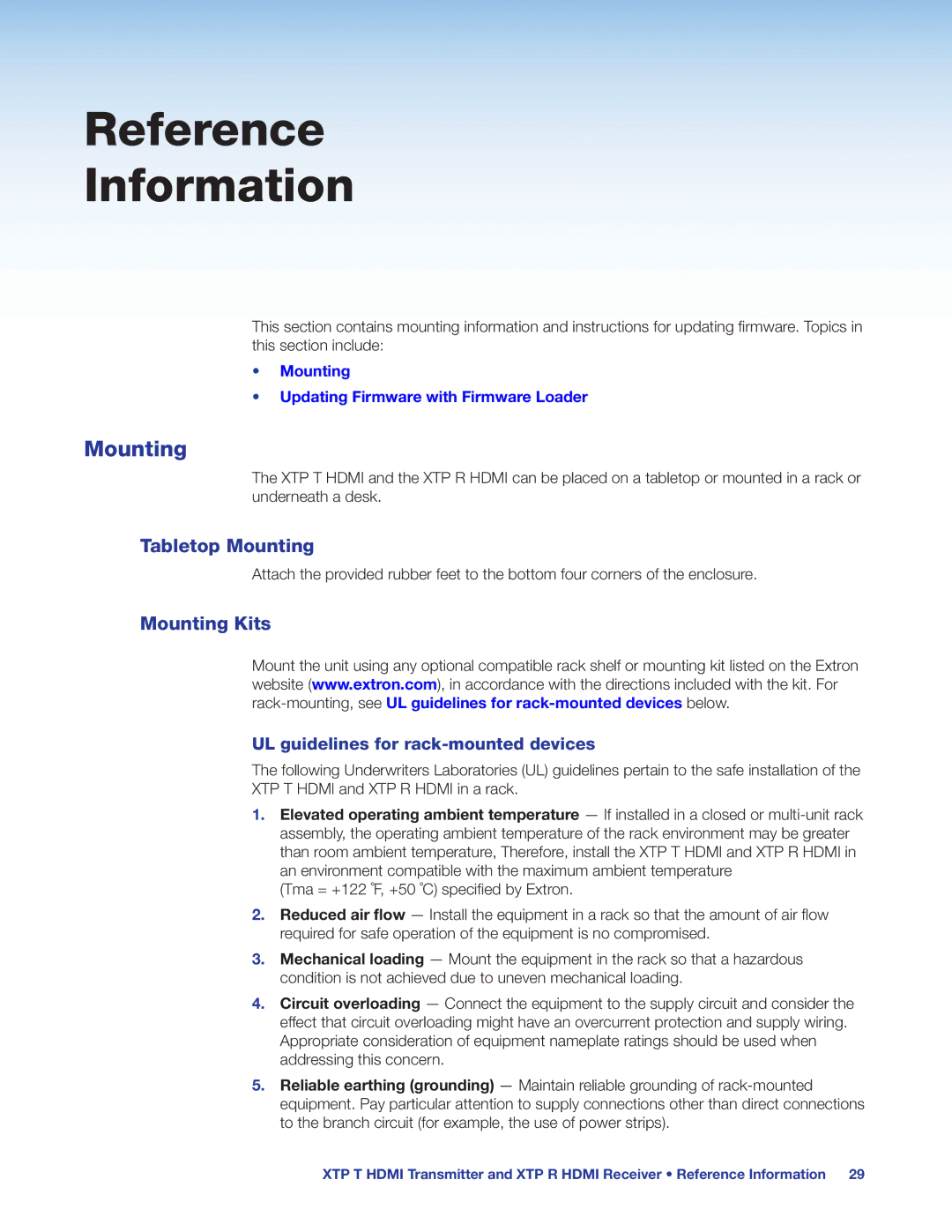 Extron electronic XTP T HDMI, XTP R HDMI manual Reference Information, Tabletop Mounting, Mounting Kits 