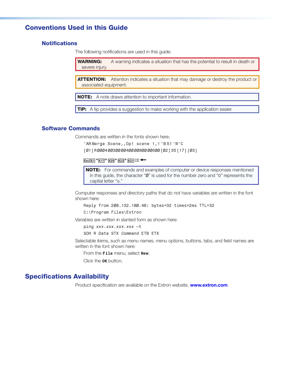 Extron electronic XTP R HDMI Conventions Used in this Guide, Specifications Availability, Notifications, Software Commands 