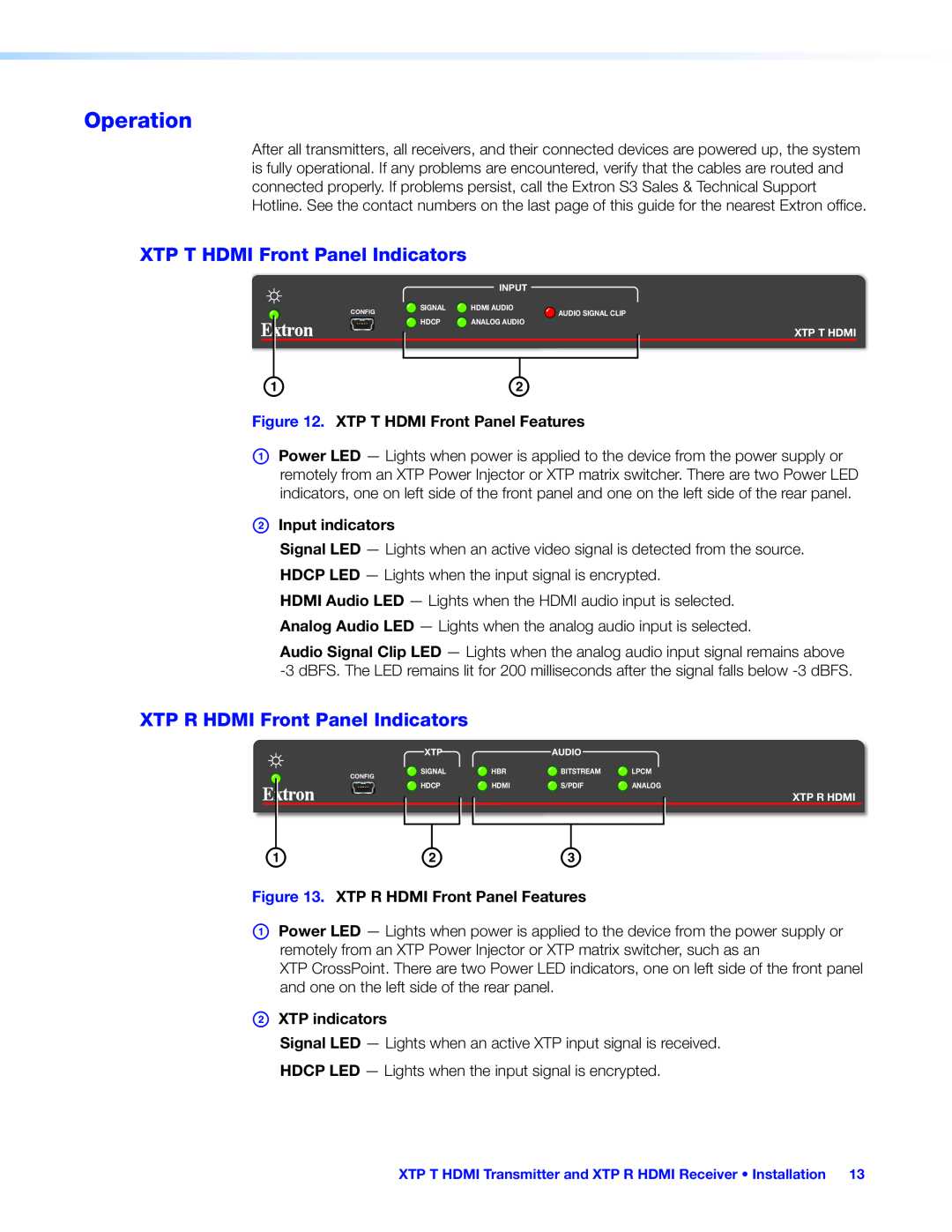 Extron electronic manual a b c, Operation, XTP T HDMI Front Panel Indicators, XTP R HDMI Front Panel Indicators 