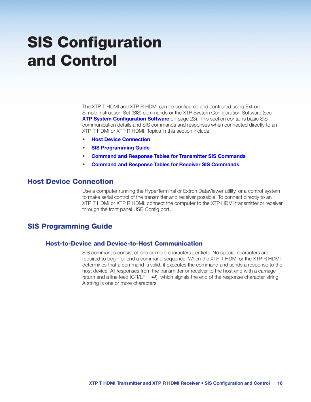 Extron electronic XTP R HDMI, XTP T HDMI manual SIS Configuration and Control, Host Device Connection, SIS Programming Guide 