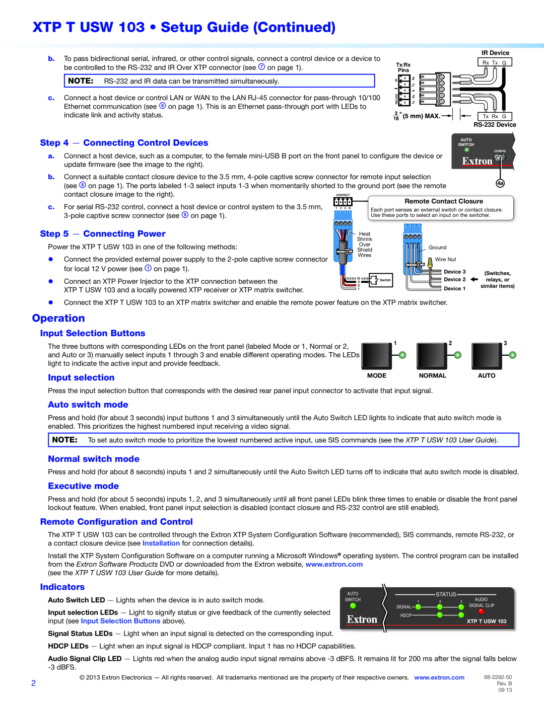 Extron electronic Operation, XTP T USW 103 Setup Guide Continued, Connecting Control Devices, Connecting Power 