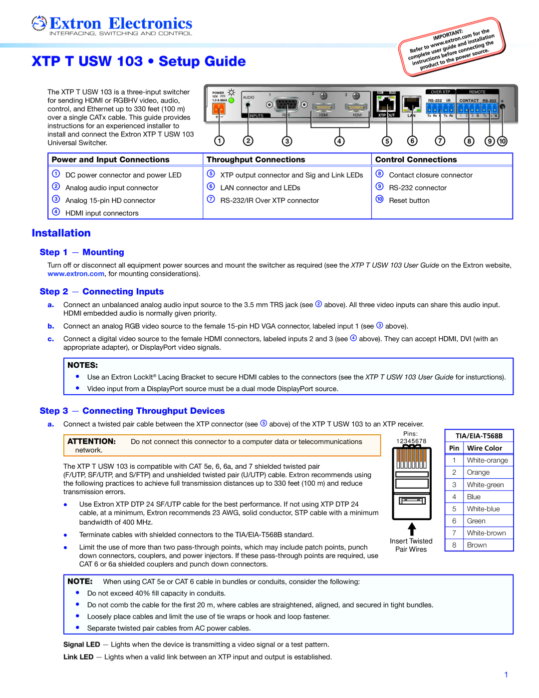 Extron electronic XTP T USW 103 setup guide F g h ij 