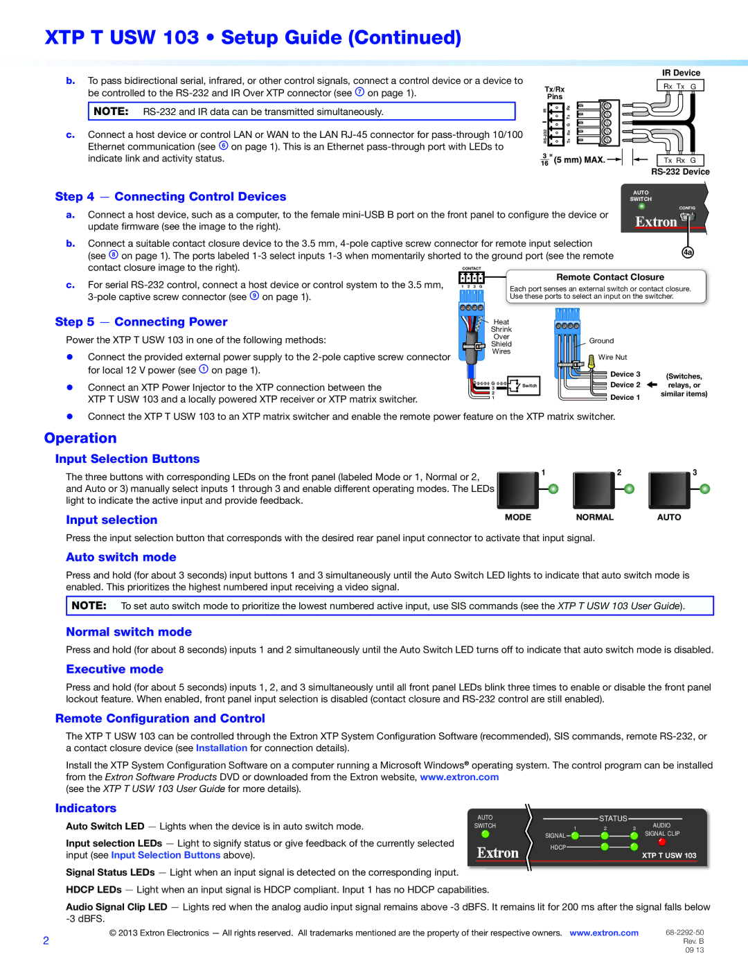 Extron electronic XTP T USW 103 Connecting Control Devices, Connecting Power, Input Selection Buttons, Input selection 