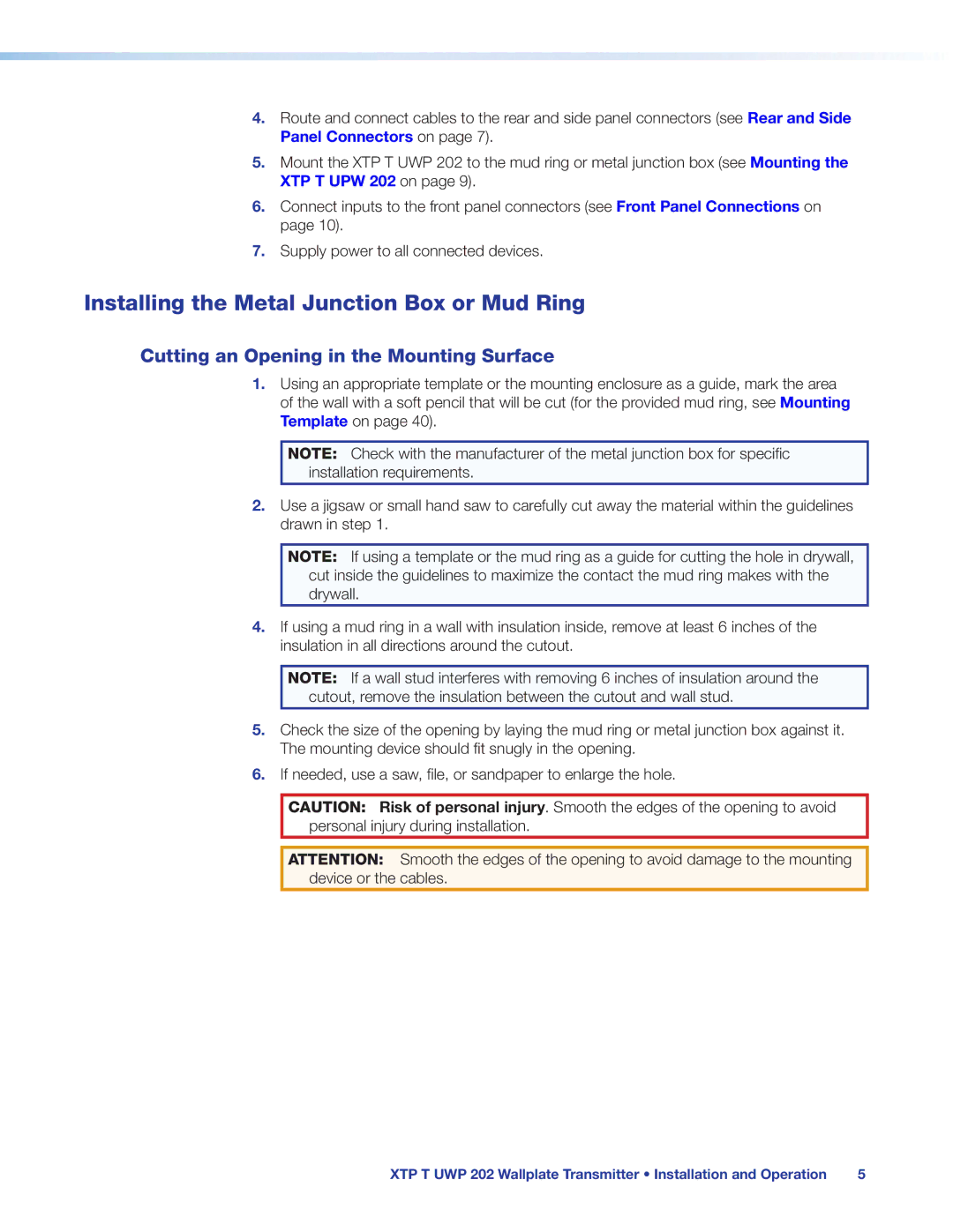 Extron electronic XTP T UWP 202 Installing the Metal Junction Box or Mud Ring, Cutting an Opening in the Mounting Surface 