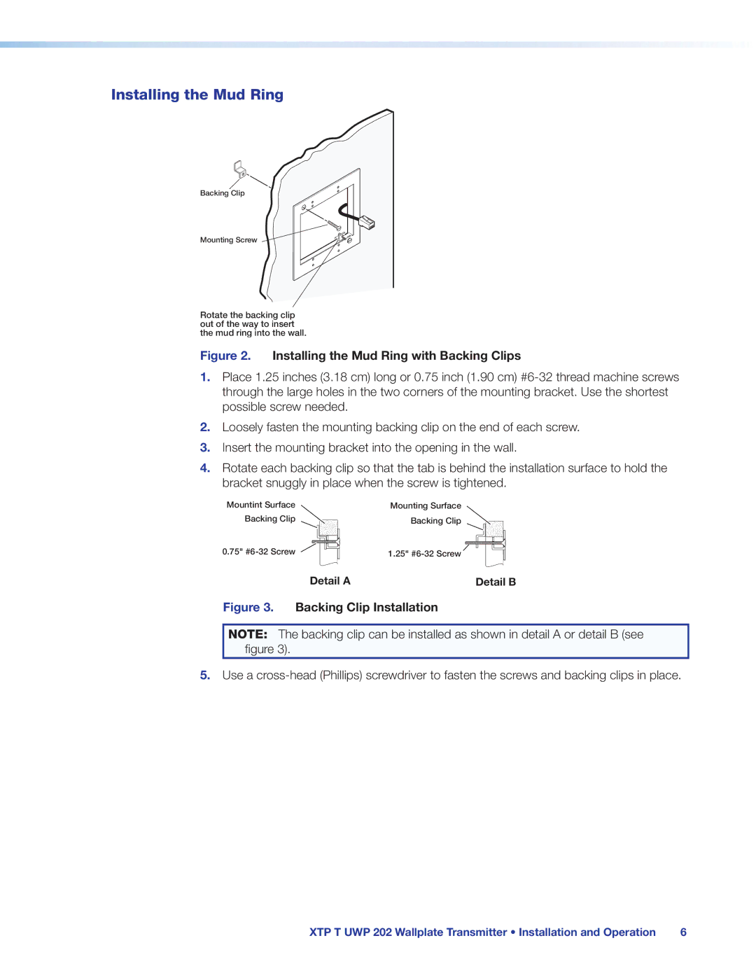 Extron electronic XTP T UWP 202 manual Installing the Mud Ring with Backing Clips 