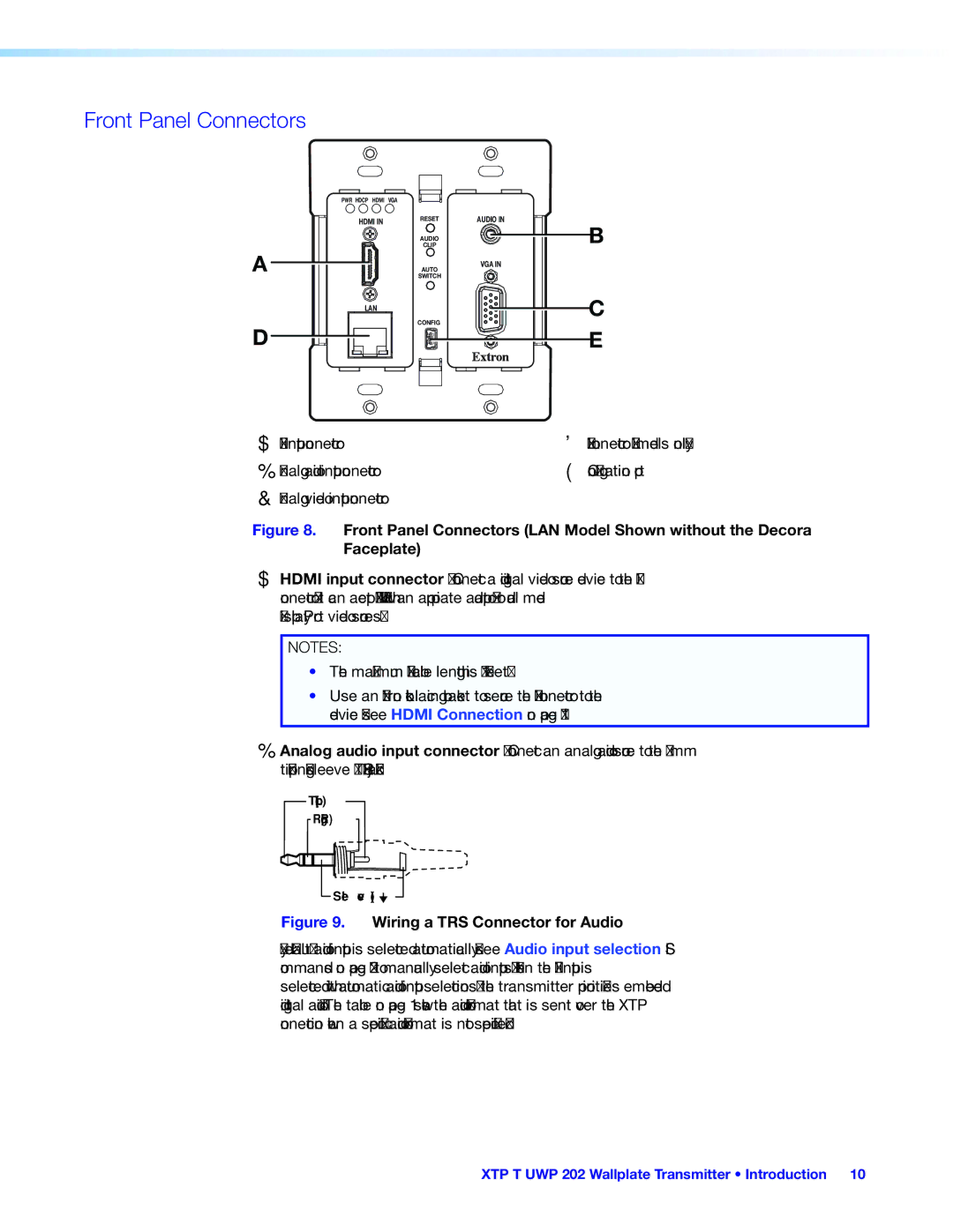 Extron electronic XTP T UWP 202 manual Front Panel Connectors, Wiring a TRS Connector for Audio 