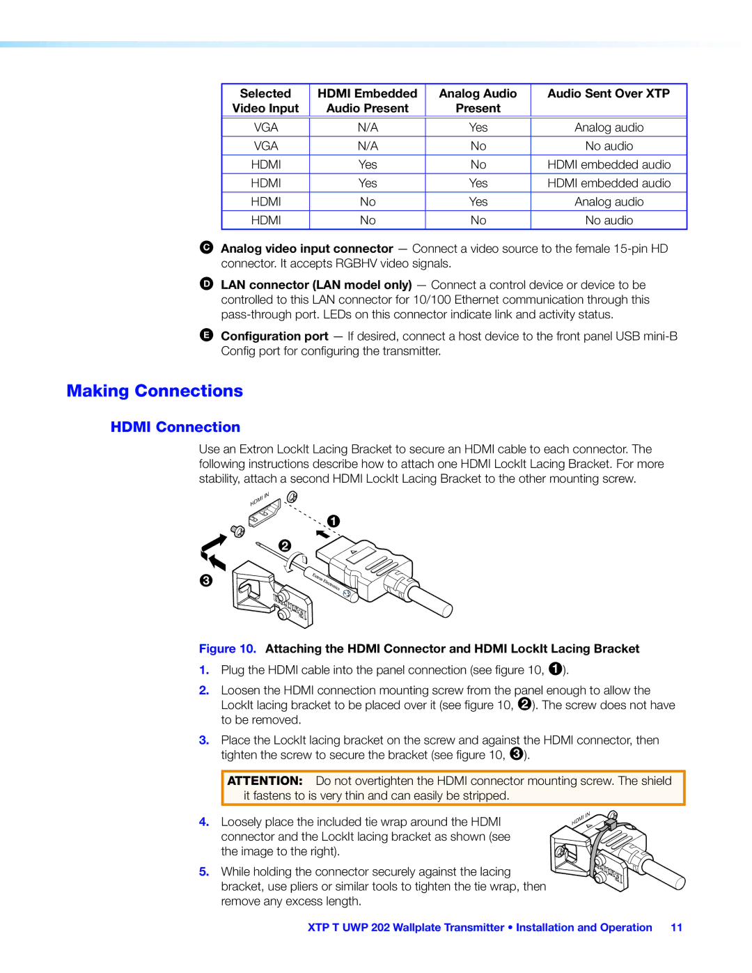 Extron electronic XTP T UWP 202 manual Making Connections, Hdmi Connection, Audio Present 