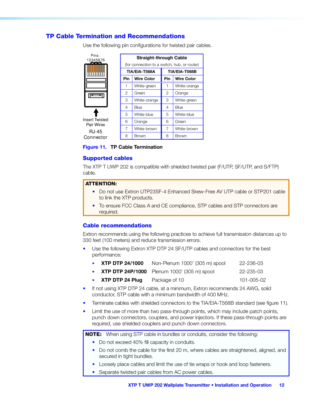 Extron electronic XTP T UWP 202 manual TP Cable Termination and Recommendations, Supported cables, Cable recommendations 