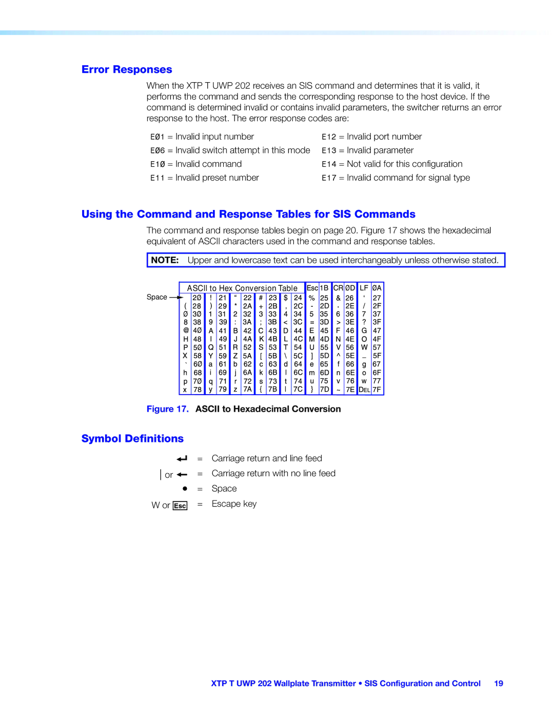 Extron electronic XTP T UWP 202 manual Error Responses, Using the Command and Response Tables for SIS Commands 