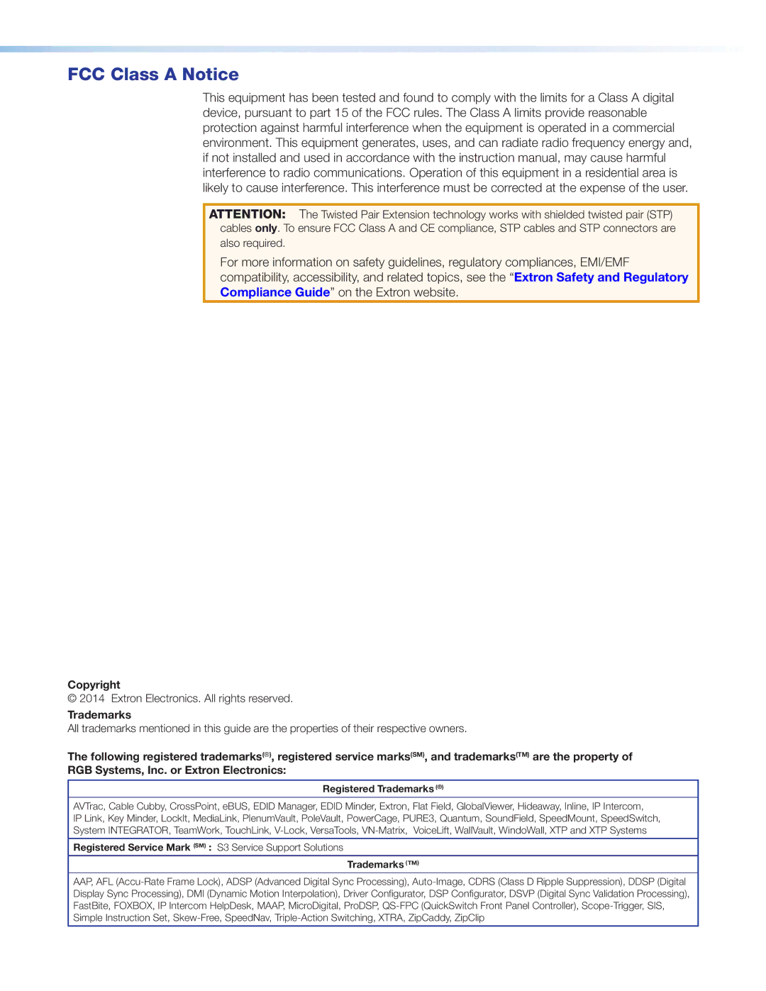 Extron electronic XTP T UWP 202 manual FCC Class a Notice, Registered Trademarks 