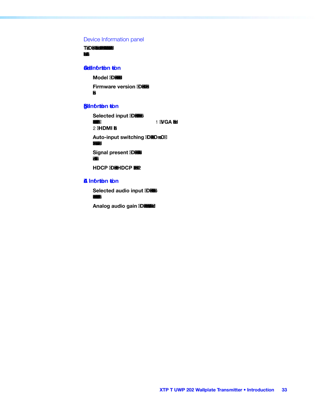 Extron electronic XTP T UWP 202 manual Device Information panel, General Information section, Signal Information section 