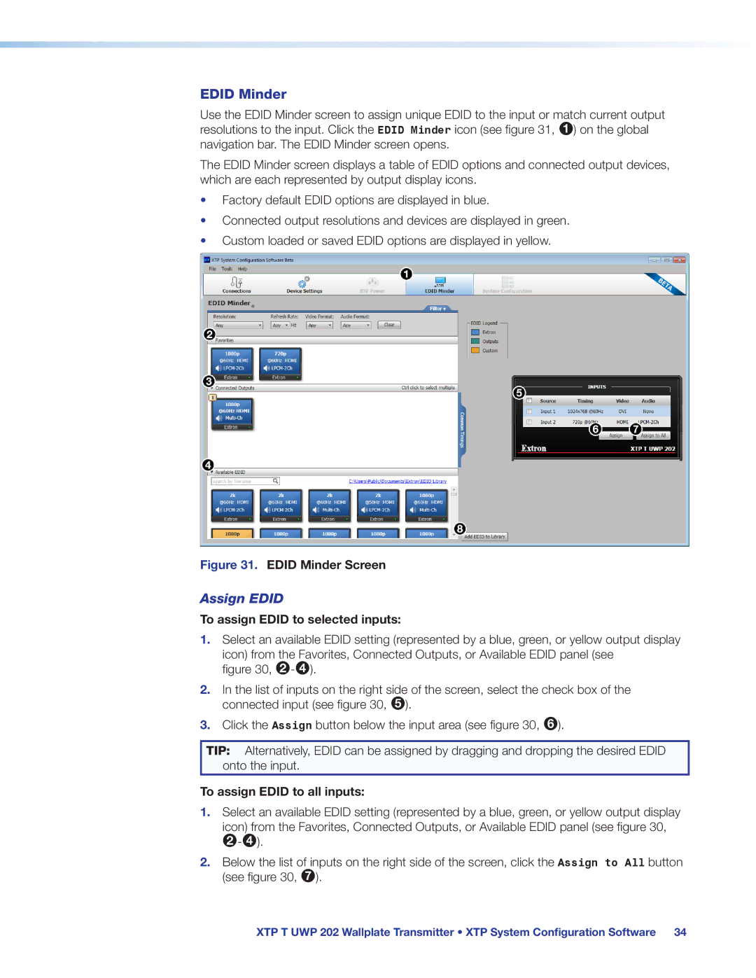 Extron electronic XTP T UWP 202 Edid Minder, Assign Edid, To assign Edid to selected inputs, To assign Edid to all inputs 