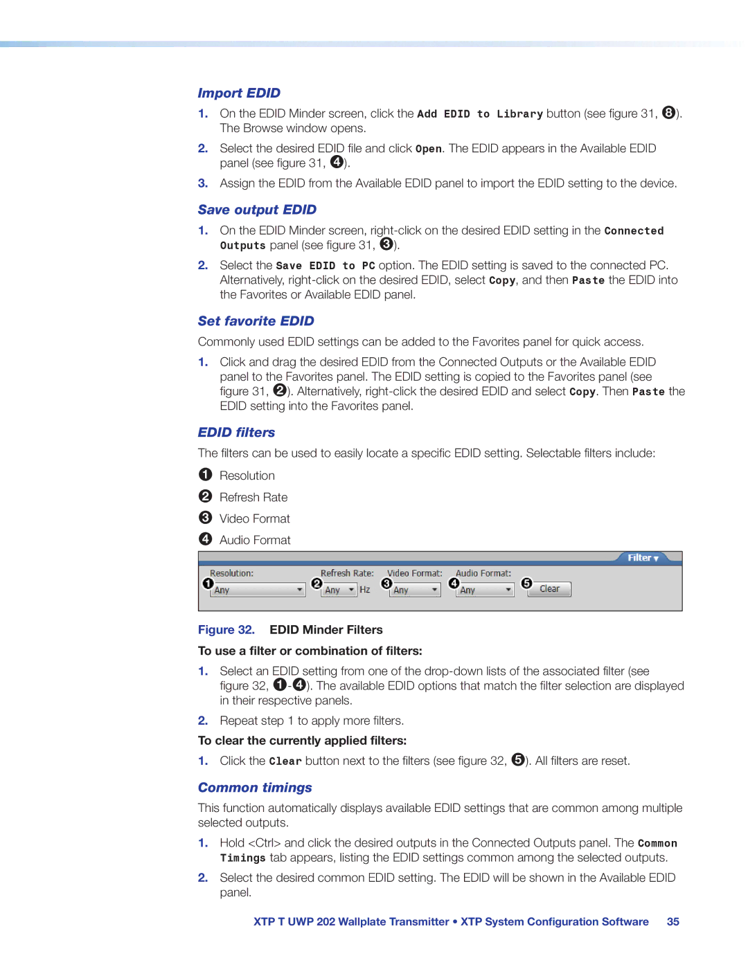 Extron electronic XTP T UWP 202 manual Import Edid, Save output Edid, Set favorite Edid, Edid filters, Common timings 