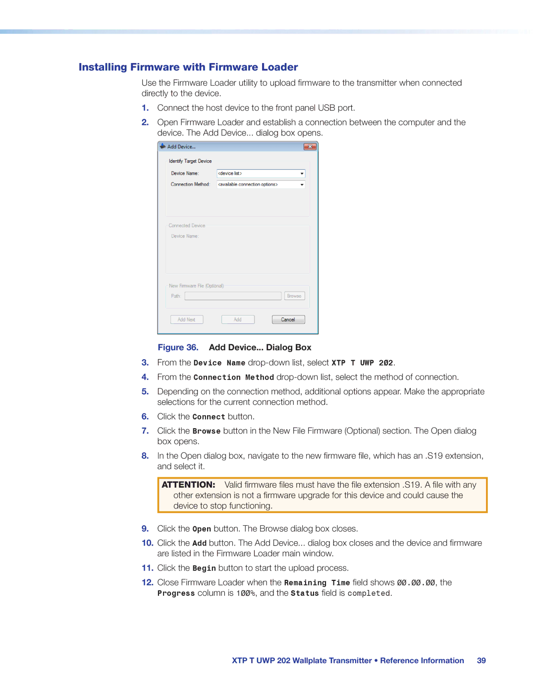 Extron electronic XTP T UWP 202 manual Installing Firmware with Firmware Loader, Add Device... Dialog Box 