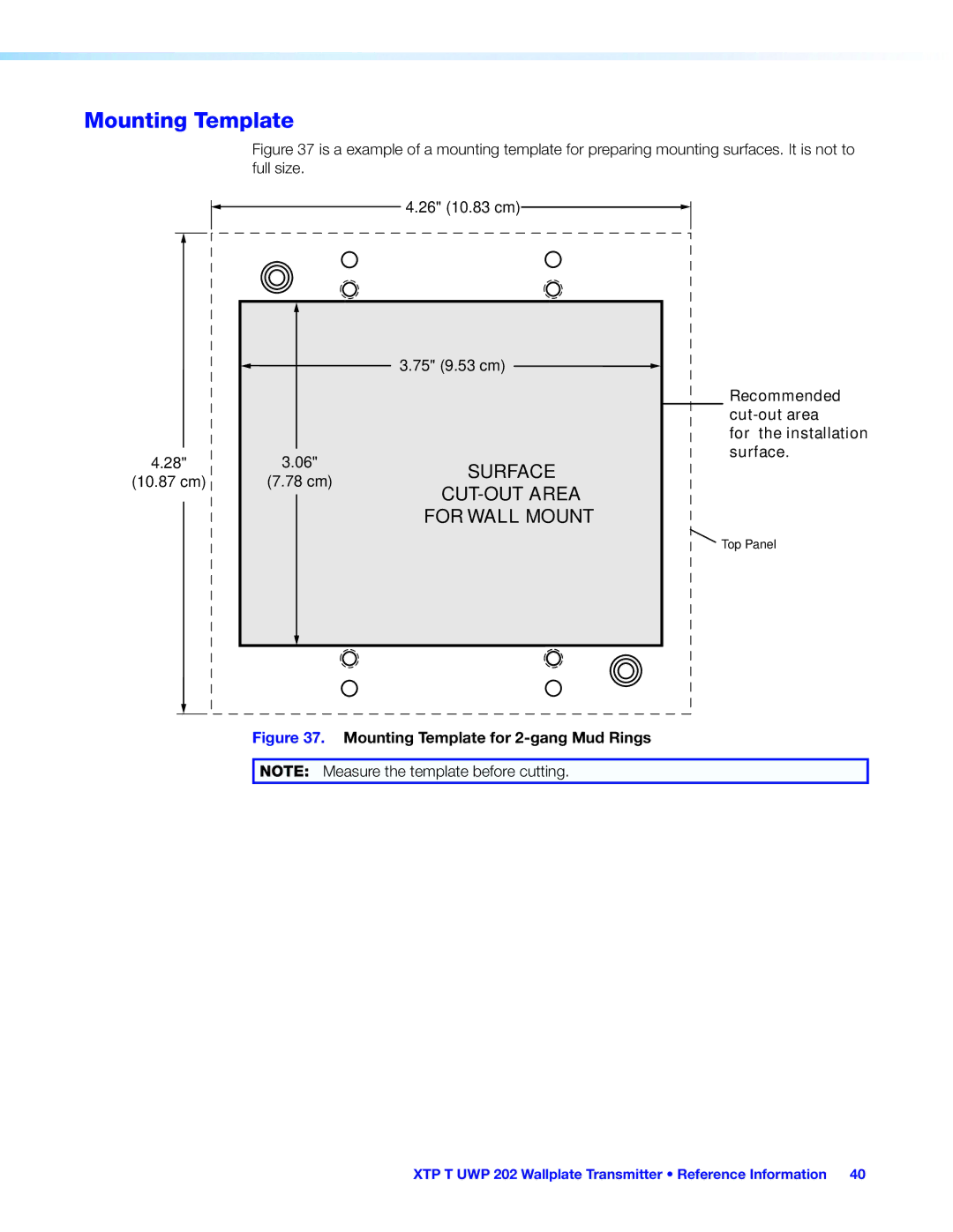 Extron electronic XTP T UWP 202 manual Mounting Template for 2-gang Mud Rings 