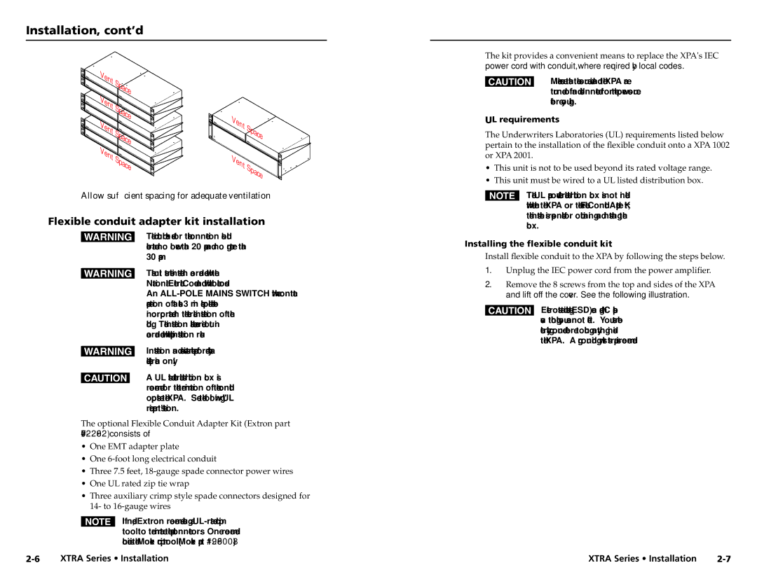 Extron electronic XPA 2001100V, XTRA SERIES, XPA 200170V Flexible conduit adapter kit installation, UL requirements 