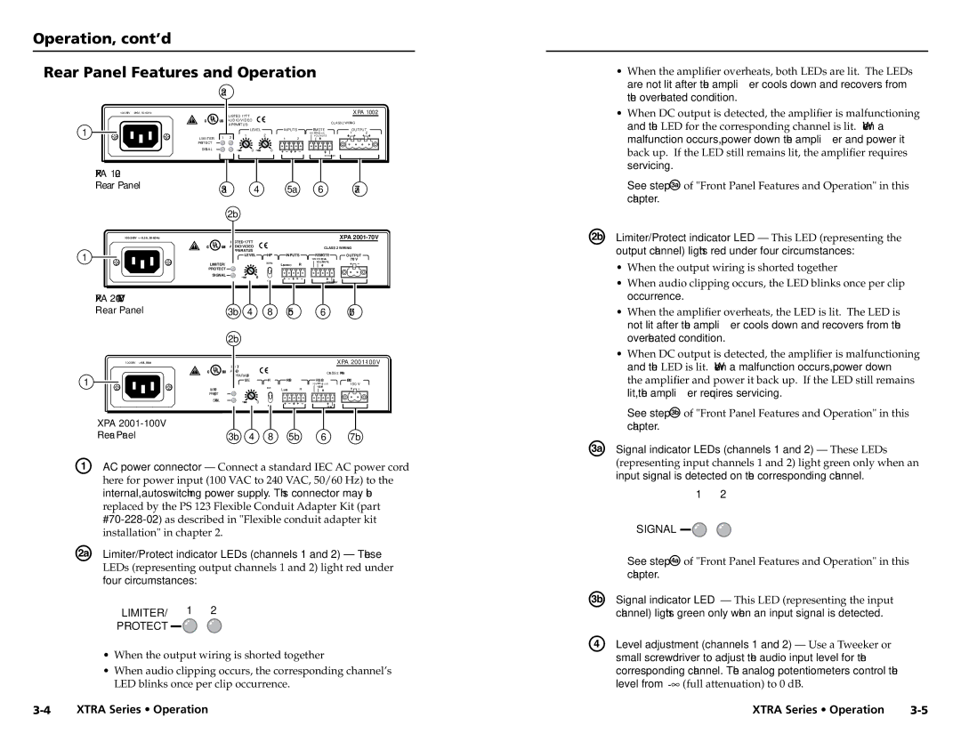 Extron electronic XPA 2001100V, XTRA SERIES, XPA 200170V, XPA 1002 Operation, cont’d Rear Panel Features and Operation 