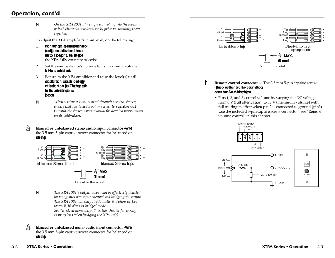 Extron electronic XPA 1002, XTRA SERIES Operation, cont’d, To adjust the XPA amplifiers input level, do the following 