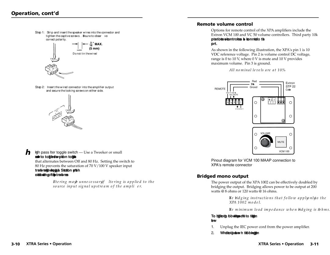 Extron electronic XPA 200170V, XTRA SERIES, XPA 2001100V, XPA 1002 user manual Remote volume control, Bridged mono output 