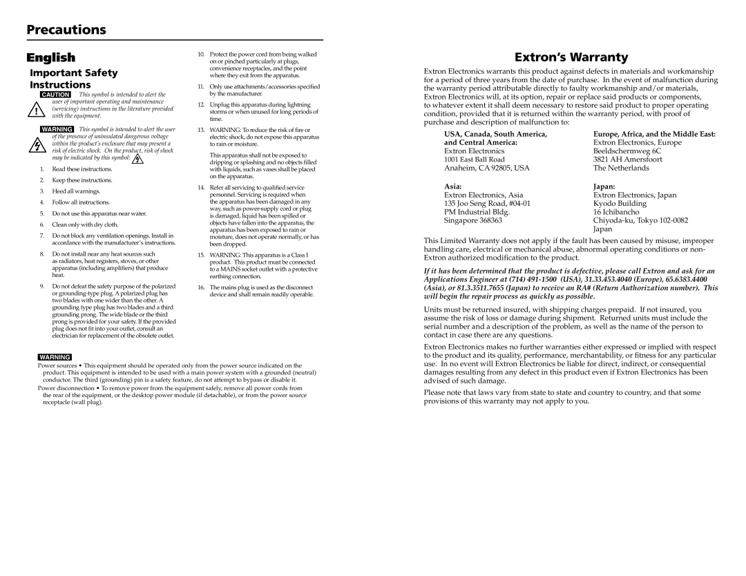 Extron electronic XPA 2001100V, XTRA SERIES, XPA 200170V, XPA 1002 user manual Precautions, English, Extron’s Warranty 