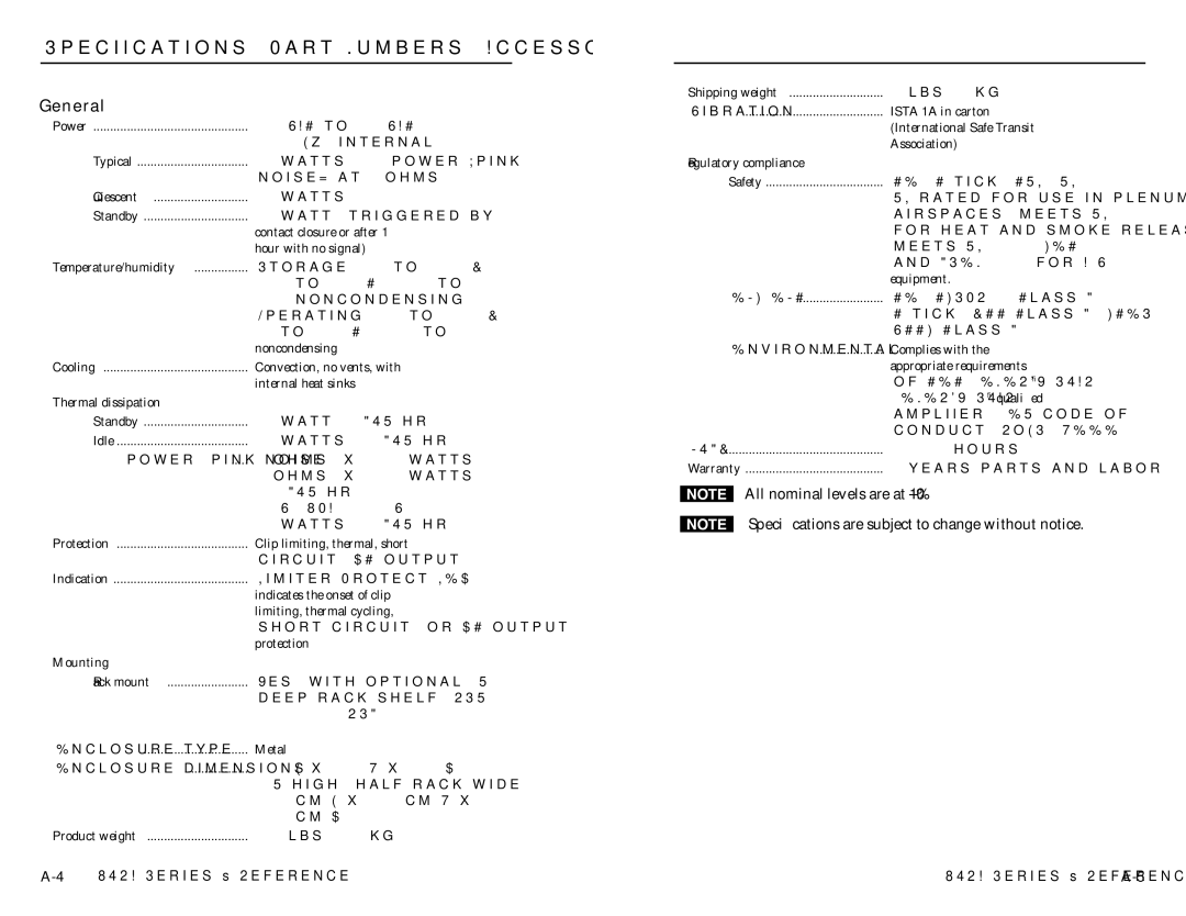 Extron electronic XTRA SERIES, XPA 200170V, XPA 2001100V Specifications, Part Numbers, Accessories, cont’d, General 