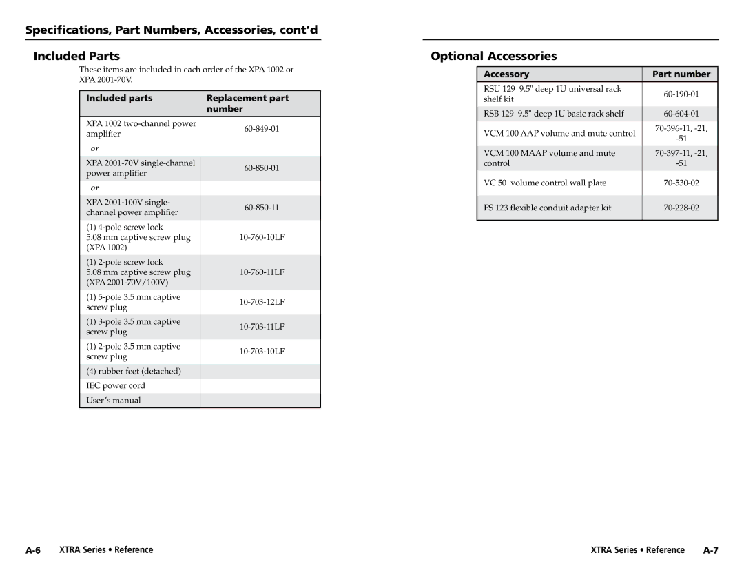 Extron electronic XPA 200170V, XTRA SERIES, XPA 2001100V, XPA 1002 user manual Optional Accessories 