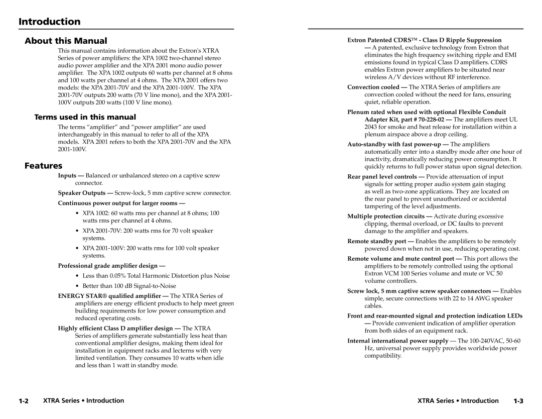 Extron electronic XPA 2001100V, XTRA SERIES, XPA 1002 Introduction, About this Manual, Features, Terms used in this manual 