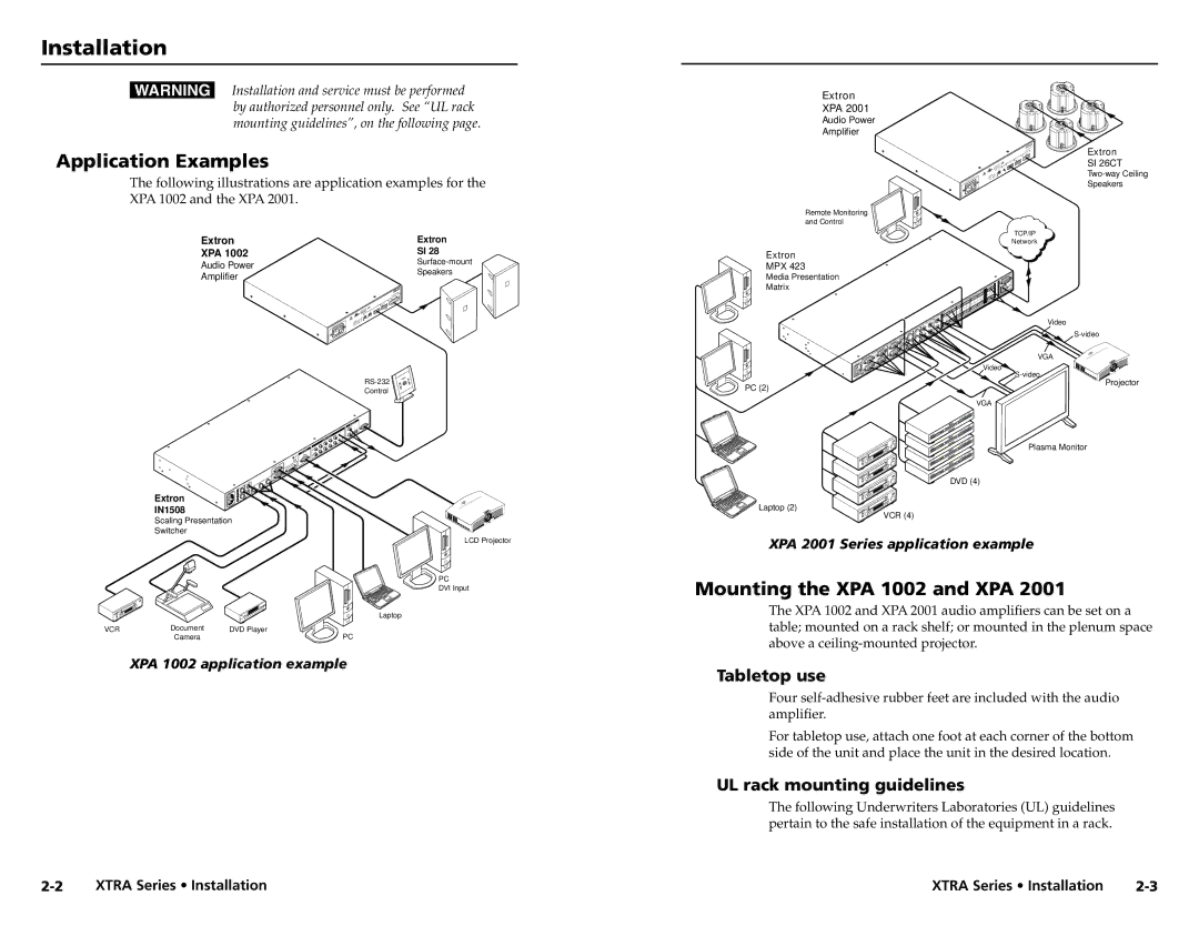 Extron electronic XTRA SERIES, XPA 200170V Installation, Application Examples, Mounting the XPA 1002 and XPA, Tabletop use 