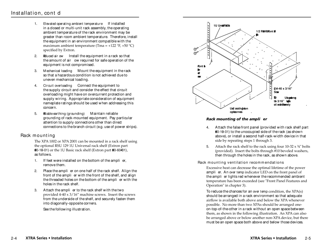 Extron electronic XPA 200170V, XTRA SERIES, XPA 1002 Installation, cont’d, Rack mounting, Side by repeating steps 1 through 