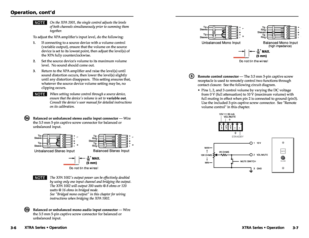 Extron electronic XPA 1002 Unbalanced Mono Input, Balanced Mono Input, Unbalanced Stereo Input, Operation, cont’d 