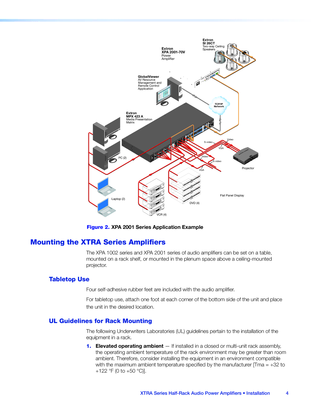 Extron electronic XTRA SERIES manual Mounting the Xtra Series Amplifiers, Tabletop Use, UL Guidelines for Rack Mounting 