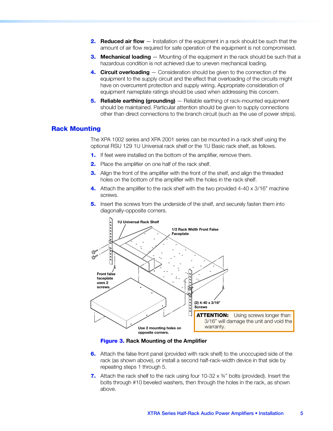 Extron electronic XTRA SERIES manual Rack Mounting of the Amplifier 