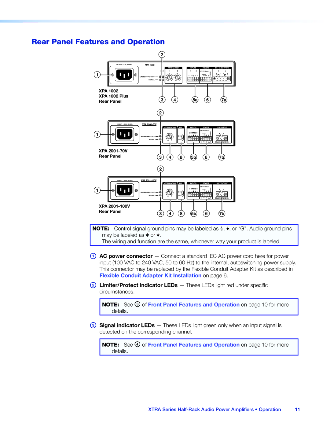 Extron electronic XTRA SERIES manual Rear Panel Features and Operation, XPA XPA 1002 Plus Rear Panel 