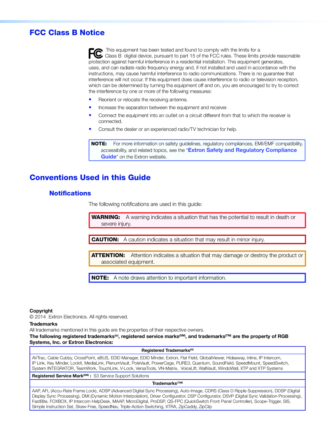 Extron electronic XTRA SERIES manual FCC Class B Notice, Conventions Used in this Guide, Notifications 