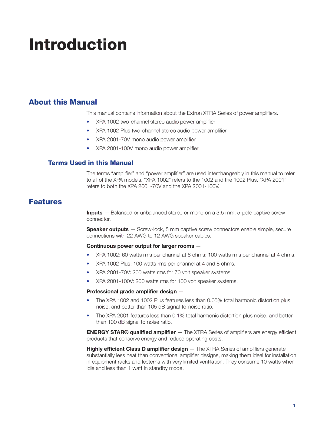 Extron electronic XTRA SERIES About this Manual, Features, Terms Used in this Manual, Professional grade amplifier design 