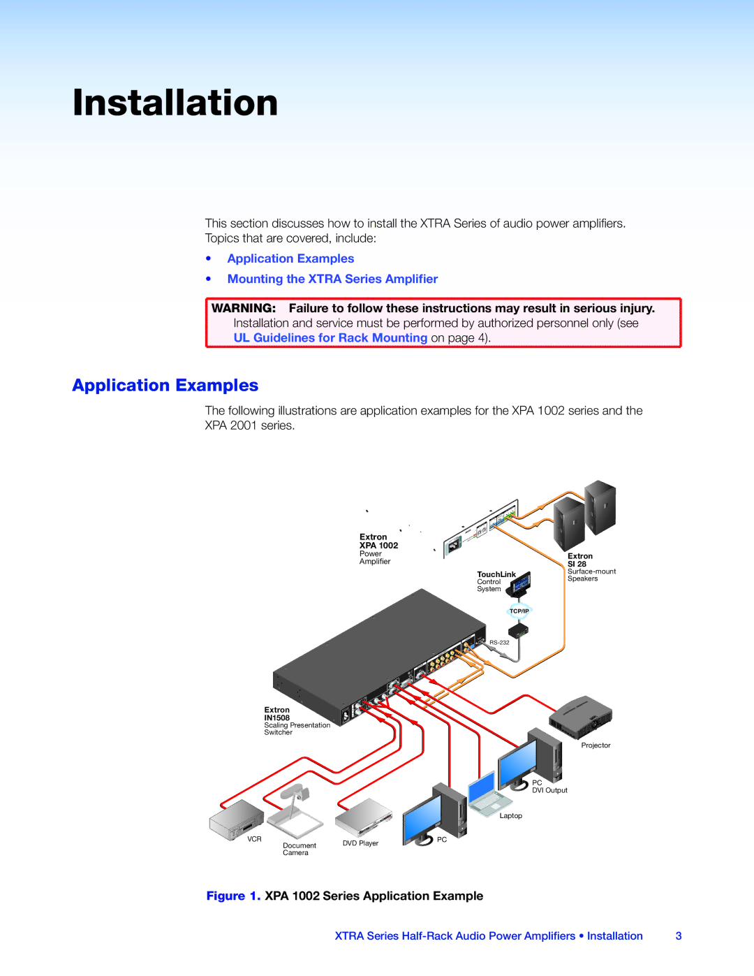 Extron electronic XTRA SERIES manual Application Examples, XPA 1002 Series Application Example 