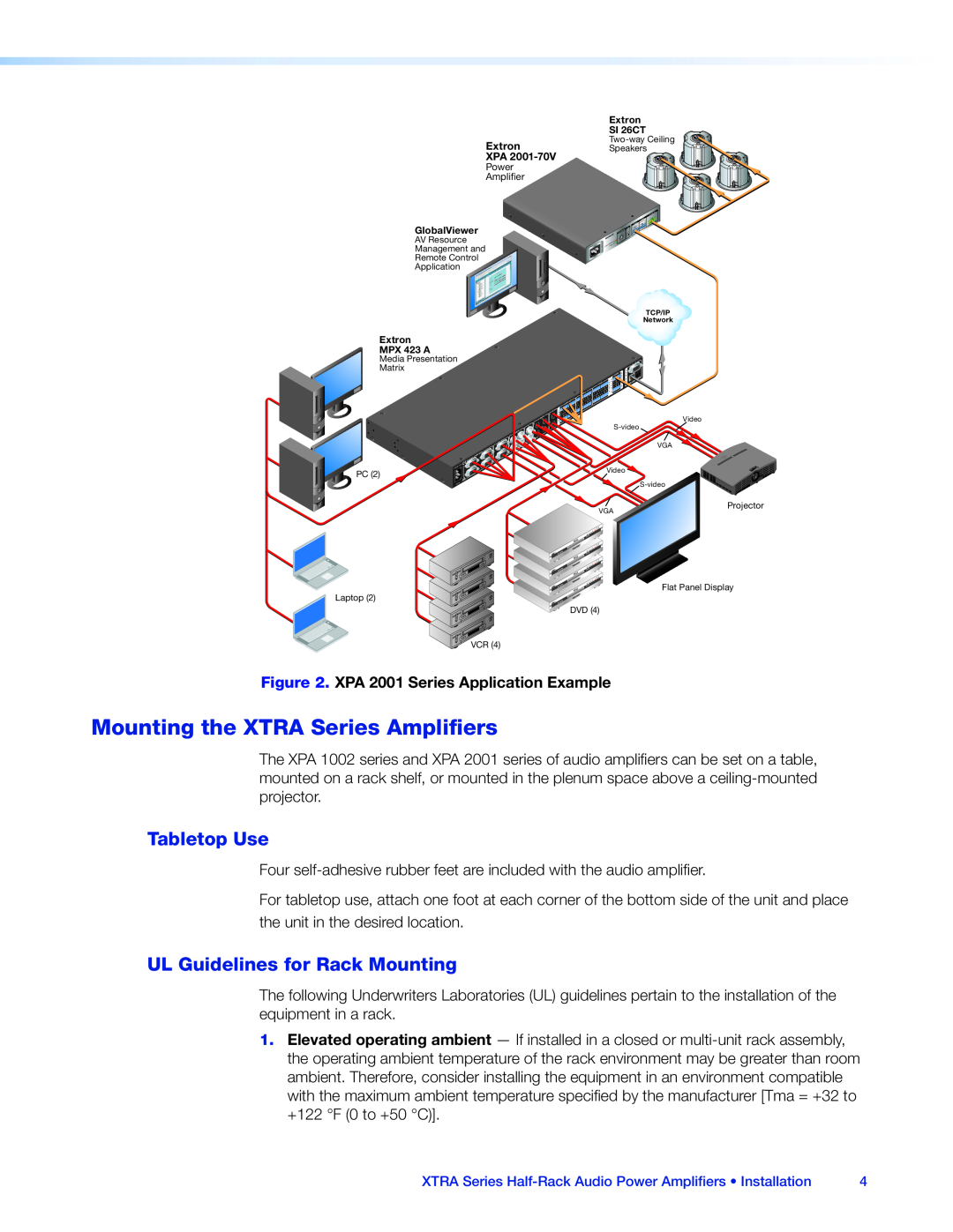 Extron electronic XTRA SERIES manual Mounting the XTRA Series Amplifiers, Tabletop Use, UL Guidelines for Rack Mounting 