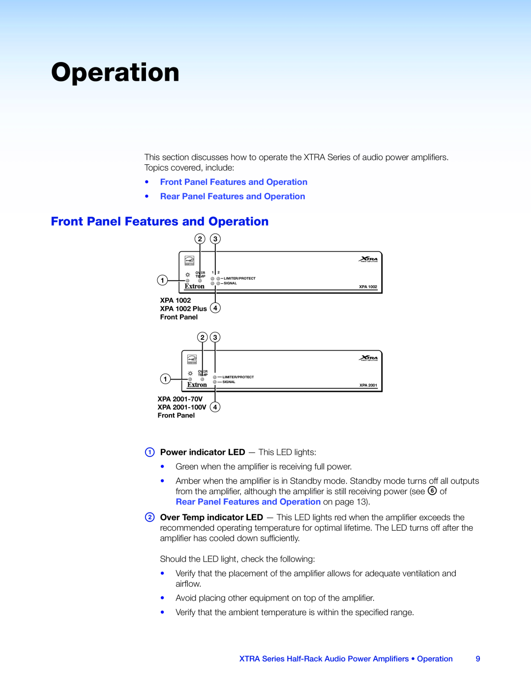 Extron electronic XTRA SERIES manual Front Panel Features and Operation 