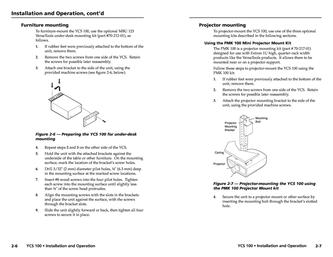 Extron electronic user manual Furniture mounting, Projector mounting, 6 - Preparing the YCS 100 for under-desk mounting 