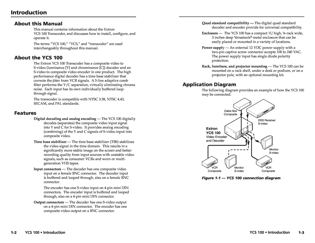 Extron electronic YCS 100 Introduction, About this Manual, About the YCS, Features, Application Diagram, Extron YCS 