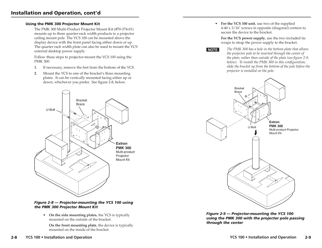 Extron electronic YCS 100 user manual Using the PMK 300 Projector Mount Kit, Extron PMK 