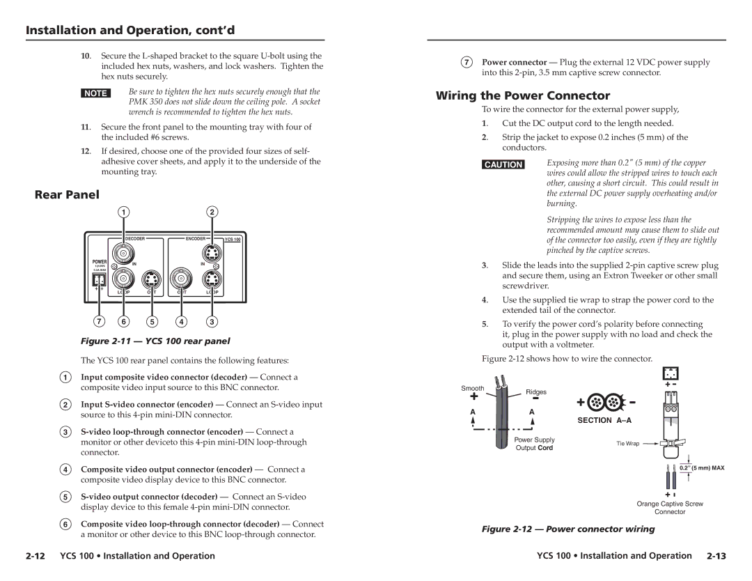 Extron electronic YCS 100 user manual Rear Panel, Wiring the Power Connector 