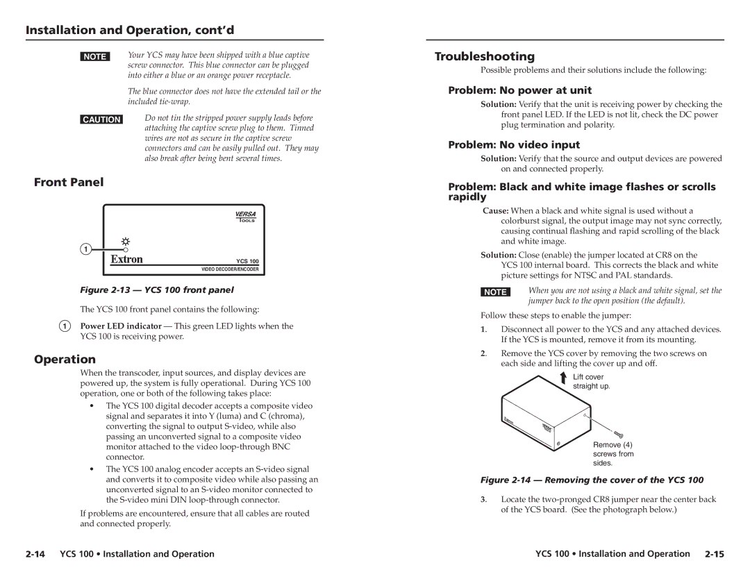 Extron electronic YCS 100 user manual Front Panel, Operation, Troubleshooting 